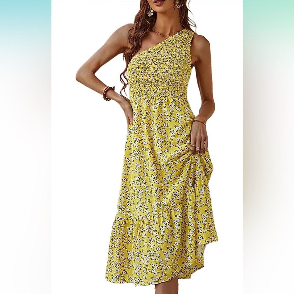 Summer Casual Dress One Shoulder Floral Flowy Boho Beach Midi Dress